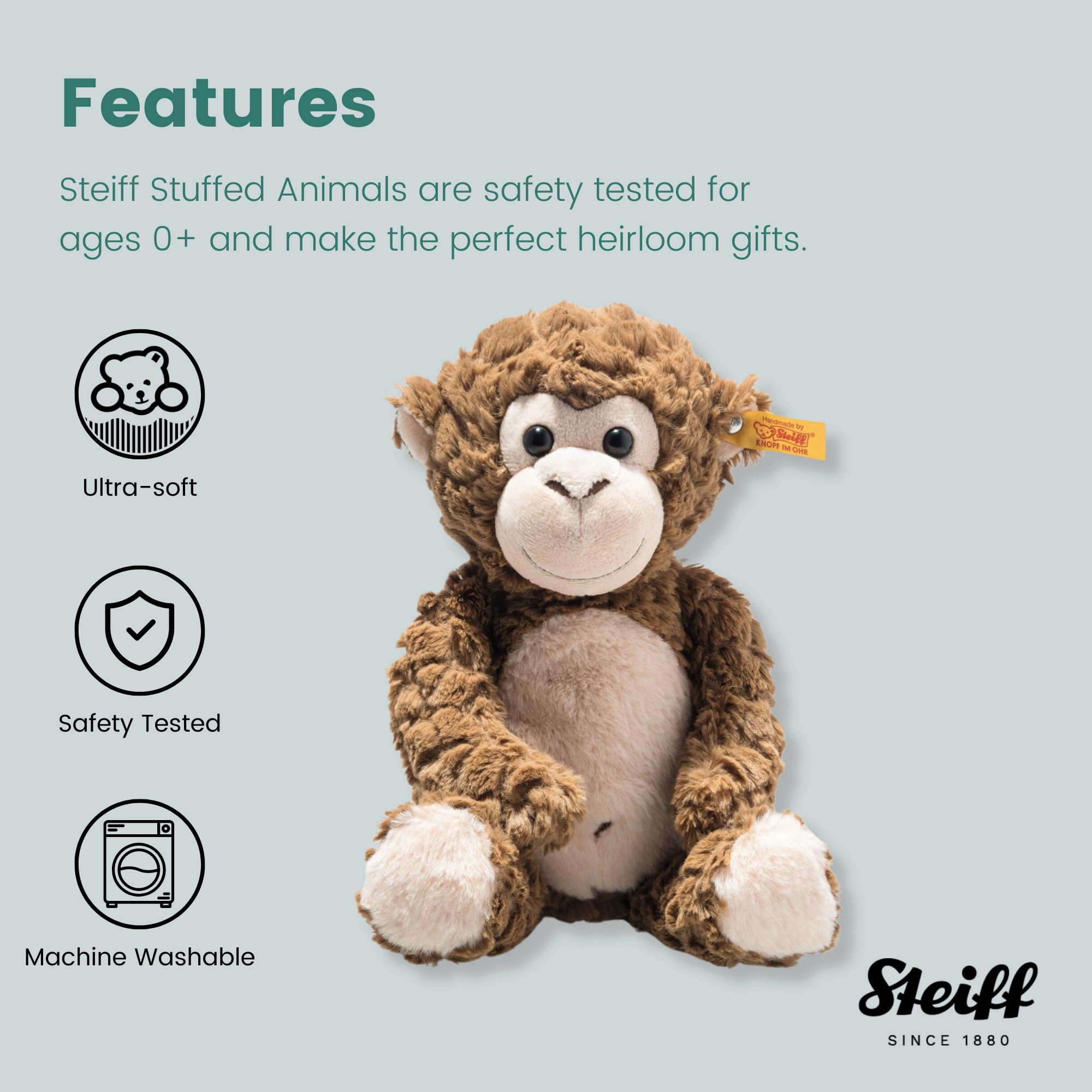 Steiff Bodo Monkey, Premium Stuffed Animal, Jungle Animal Plush Toy for Kids (Brown, 12") - Image 3