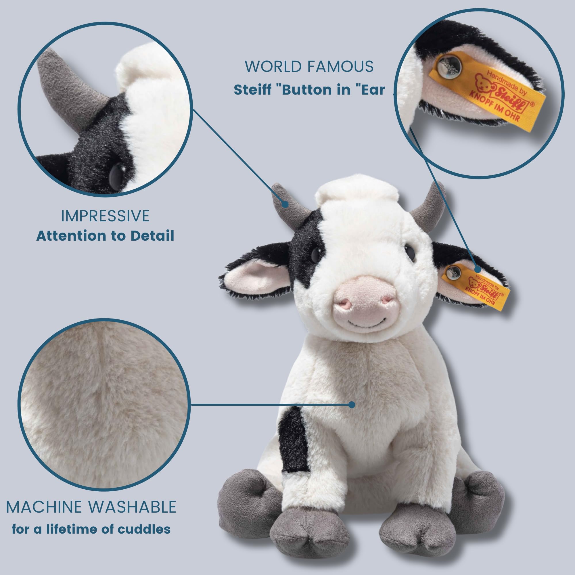 Steiff Cobb Cow Plush Toy, Plush Farm Animal, Premium Stuffed Animal Cow for Kids (Black & White, 9") - Image 4