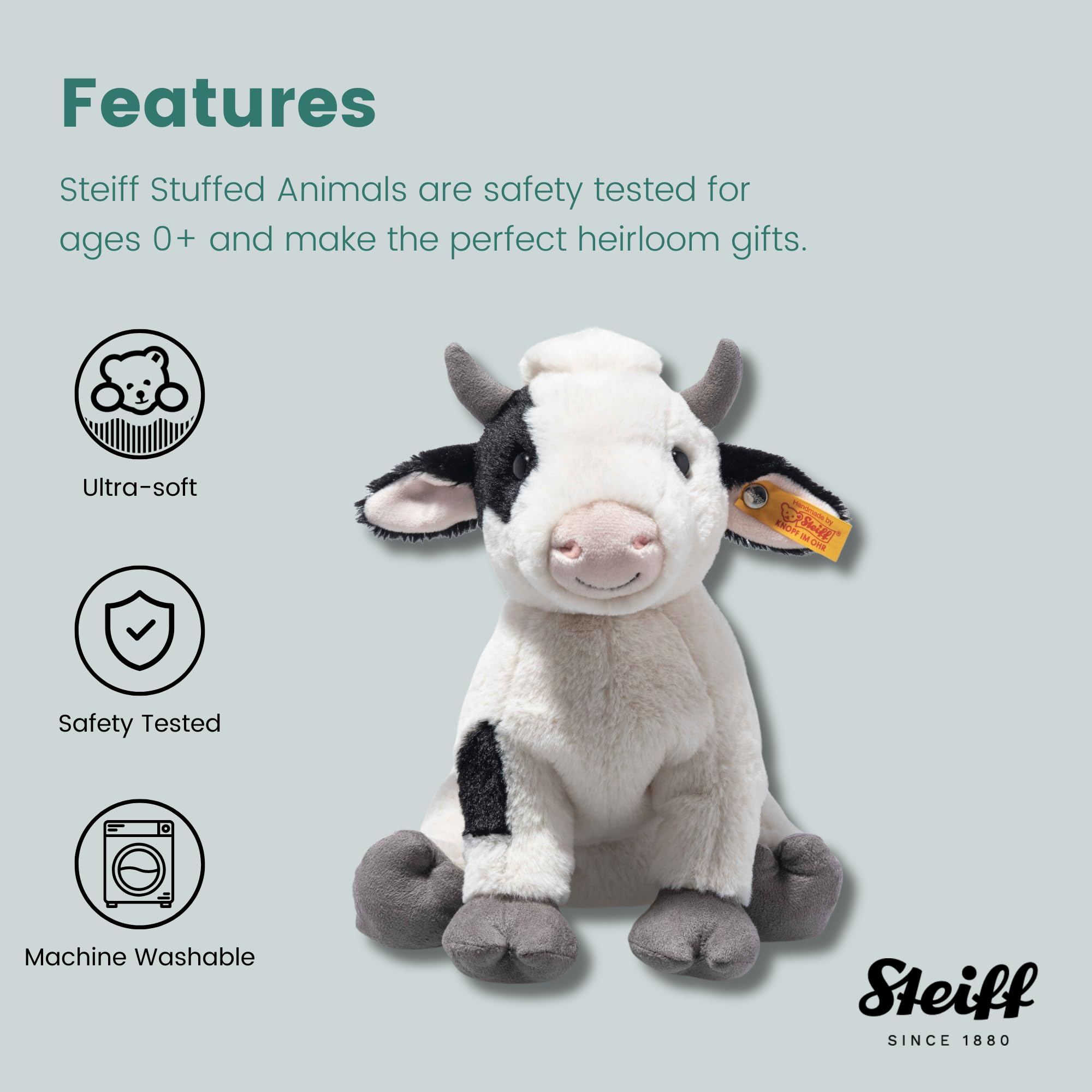 Steiff Cobb Cow Plush Toy, Plush Farm Animal, Premium Stuffed Animal Cow for Kids (Black & White, 9") - Image 5