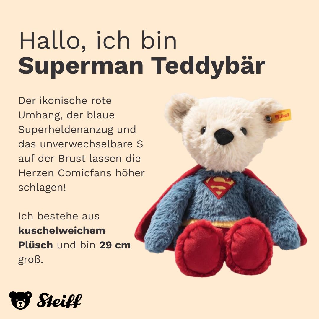 Steiff DC Superhero Teddy Bear - Officially Licensed Plush Toy Collectible Premium Soft Stuffed Animal for Kids & Collectors, DC Superman 12" Tall - Image 6