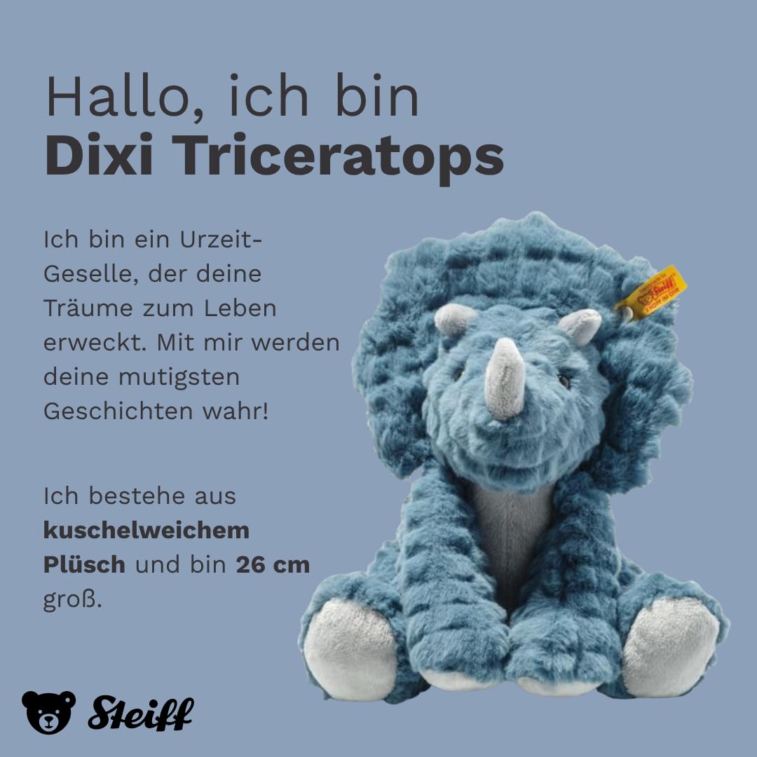 Steiff Dixi Triceratops Dinosaur Plush Stuffed Animal Toy Friend, Blue, 11" - Image 3