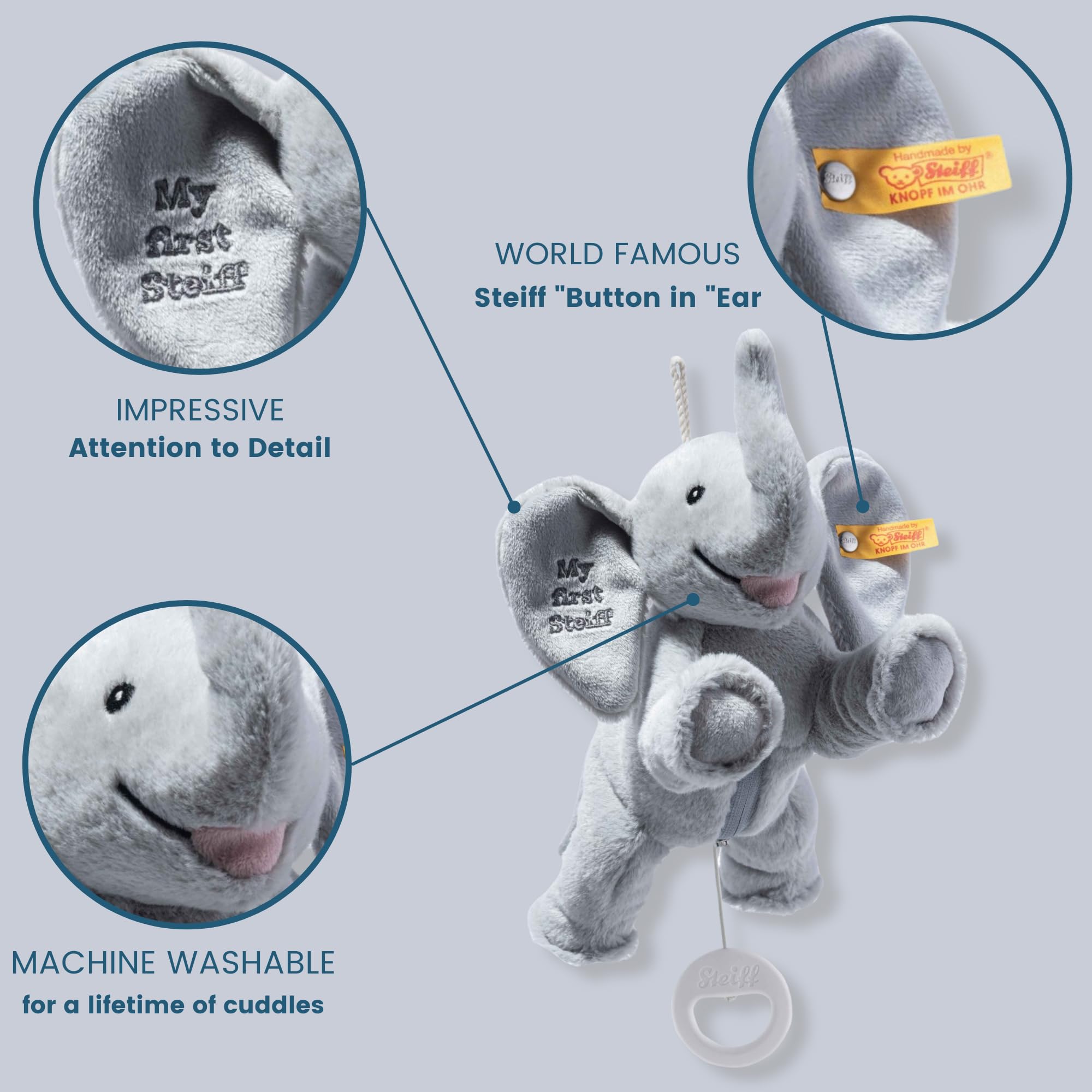 Steiff Ellie Elephant Musical Pull Toy 10 inch Light Grey, Peaceful Lullaby, Plush Elefant, Cuddly Soft Plush, Machine Washable - Image 3