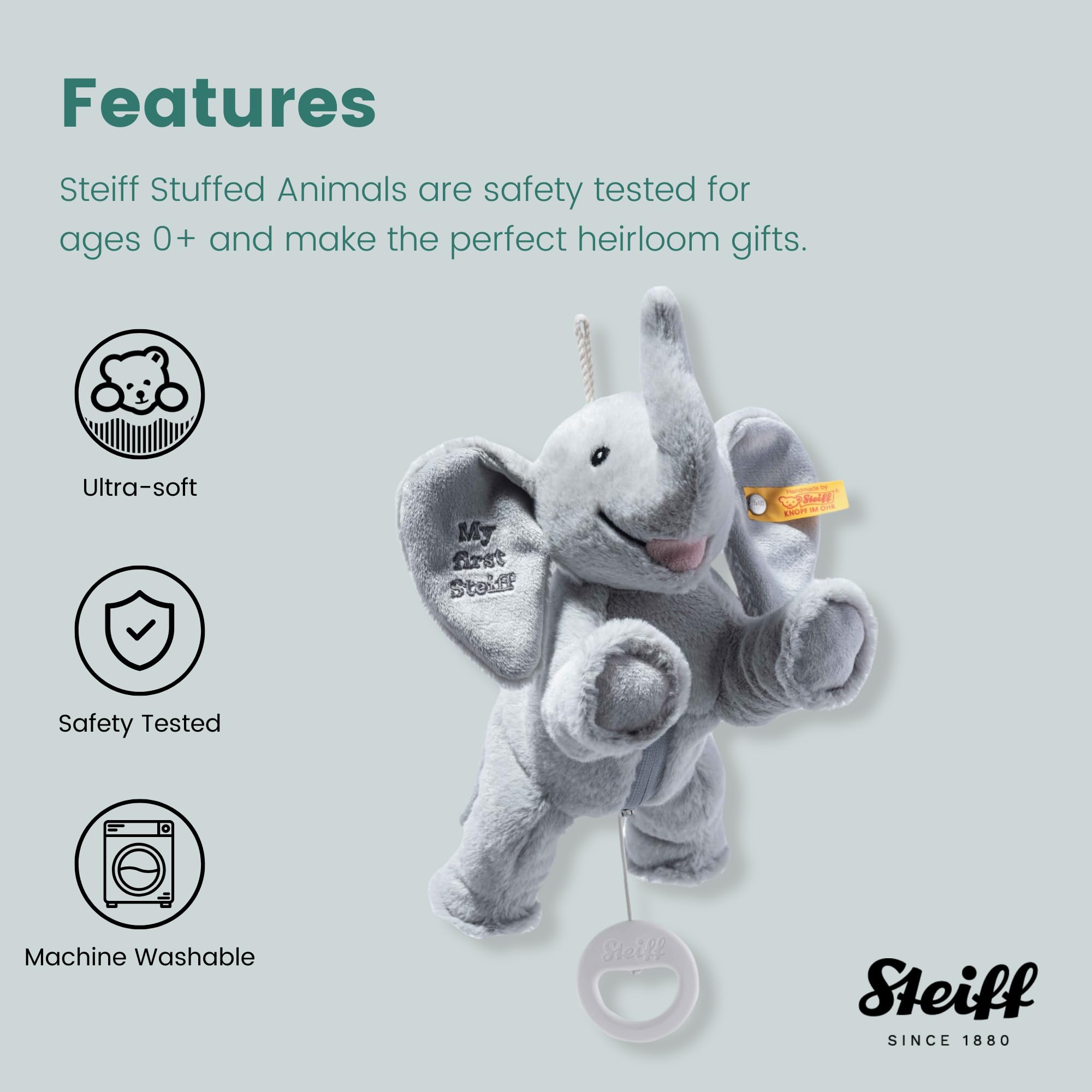 Steiff Ellie Elephant Musical Pull Toy 10 inch Light Grey, Peaceful Lullaby, Plush Elefant, Cuddly Soft Plush, Machine Washable - Image 4