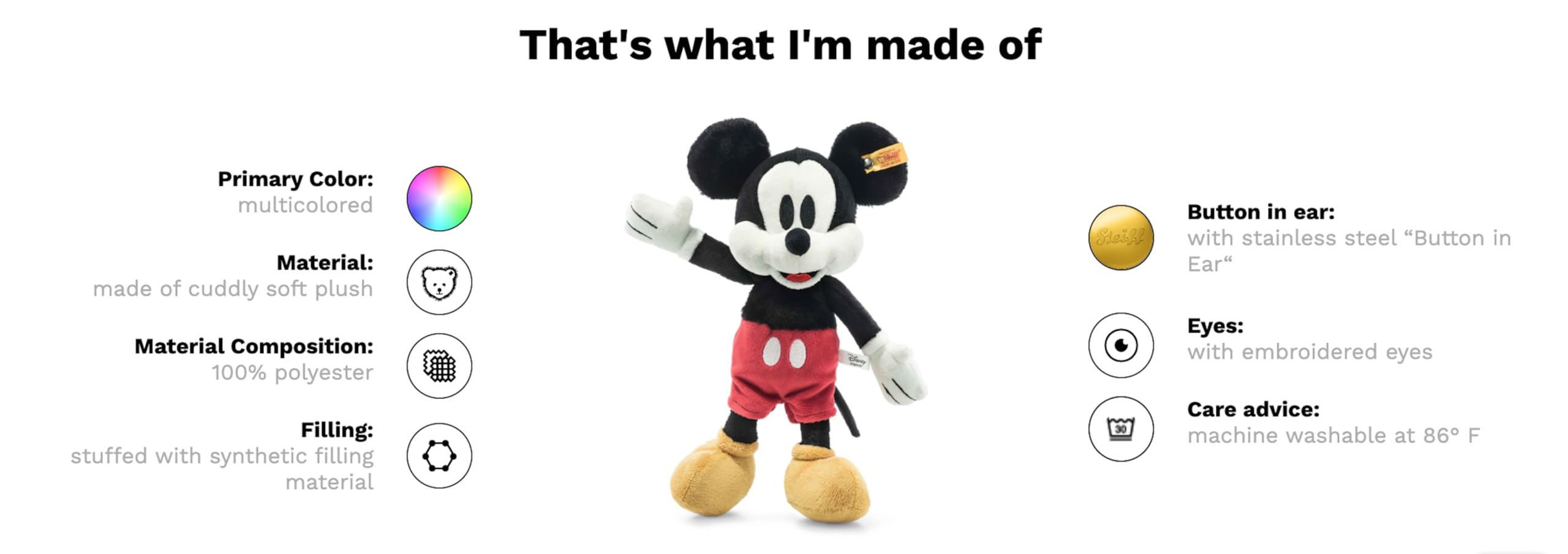 Steiff Handcrafted Since 1880 Premium Plush Disney Originals Mickey Mouse Stuffed Toy - 12" Mickey Mouse - Image 3
