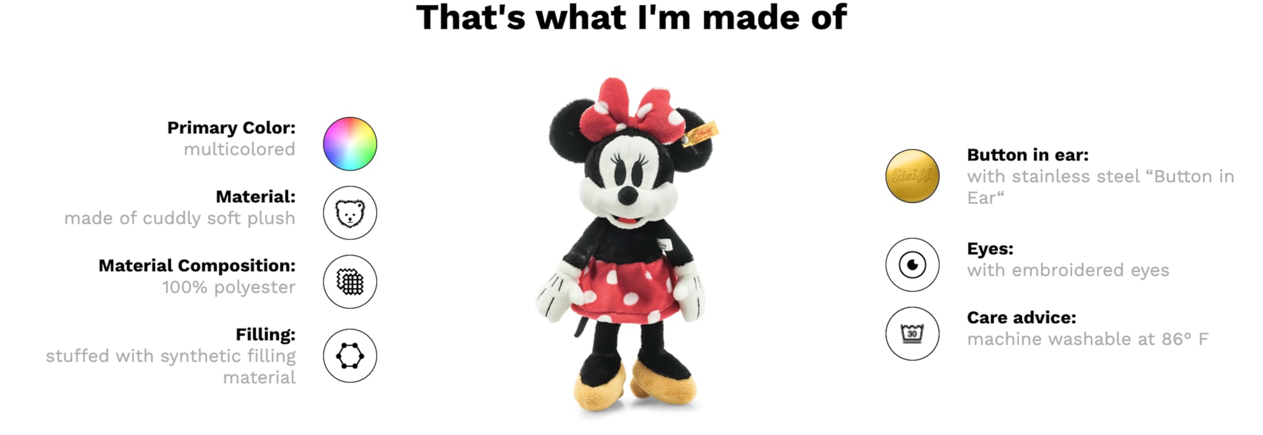 Steiff Handcrafted Since 1880 Premium Plush Disney Originals Mickey Mouse Stuffed Toy - 12" Minnie Mouse - Image 3