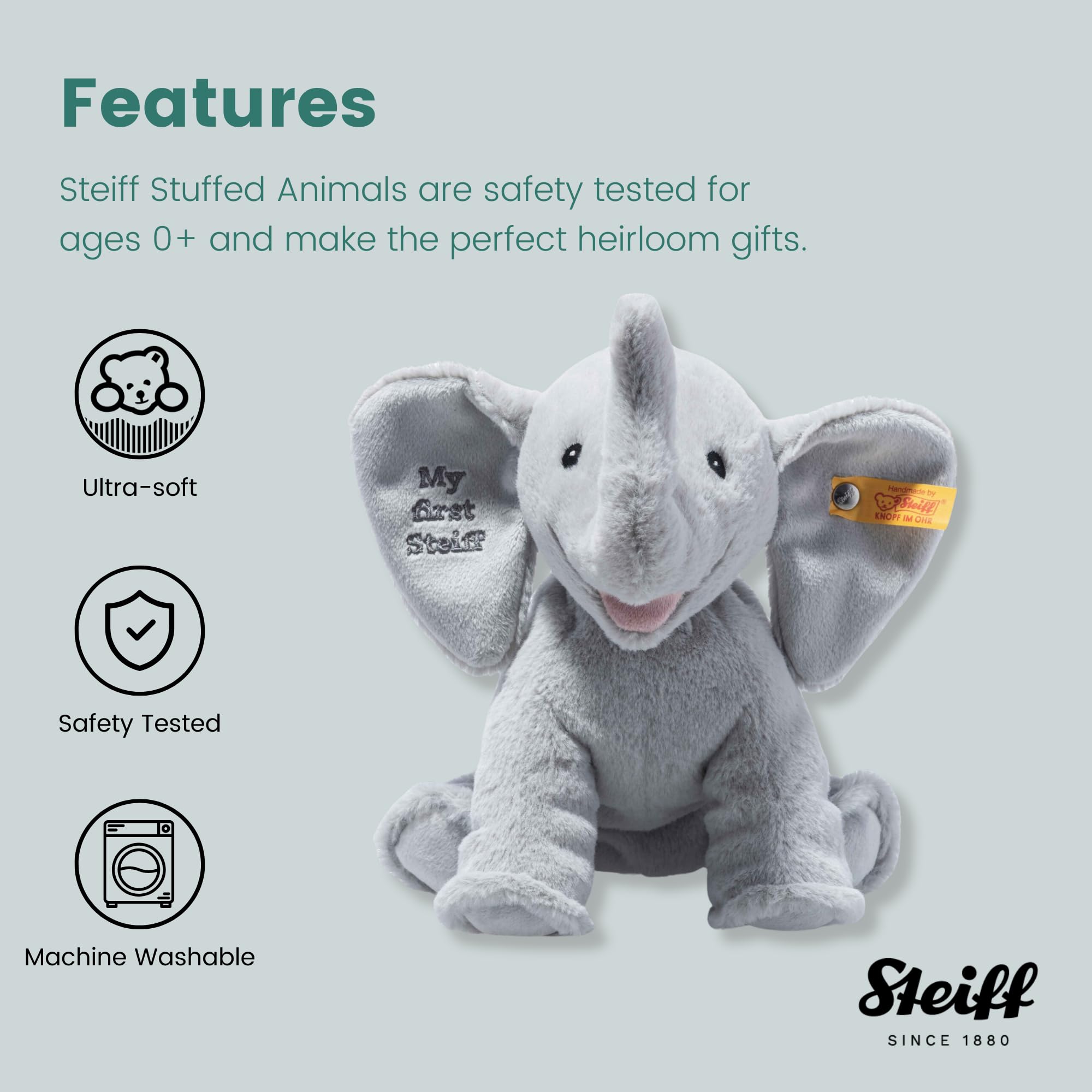 Steiff Handcrafted Since 1880 Premium Plush My First Steiff Stuffed Animal - 9" Ellie Elephant - Image 4