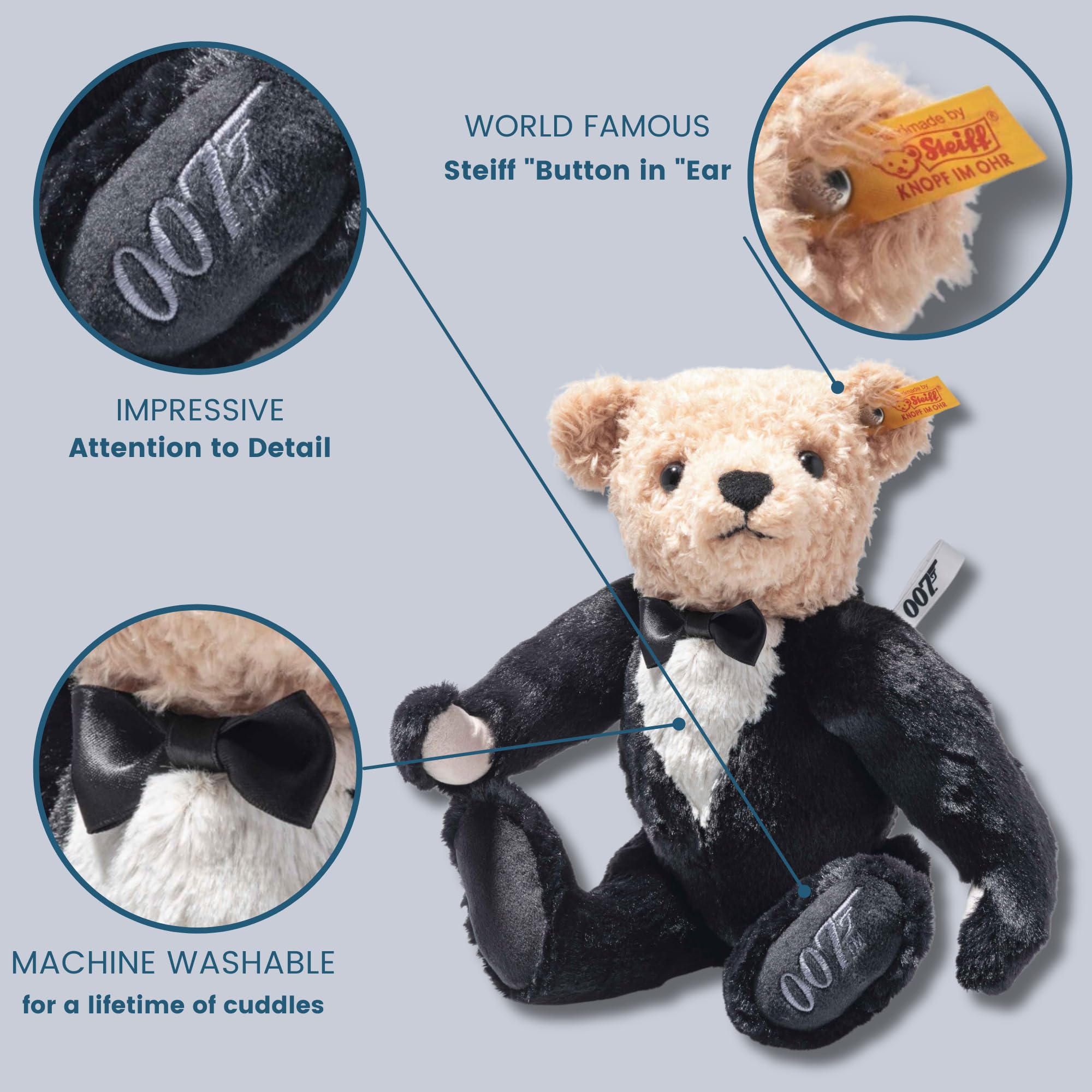 Steiff James Bond Teddy Bear, Officially Licensed Stuffed Animal Plush Collectible, Gift for James Bond Fans, 5-Way Jointed & Posable (Brown, Black, & White, 12") - Image 6
