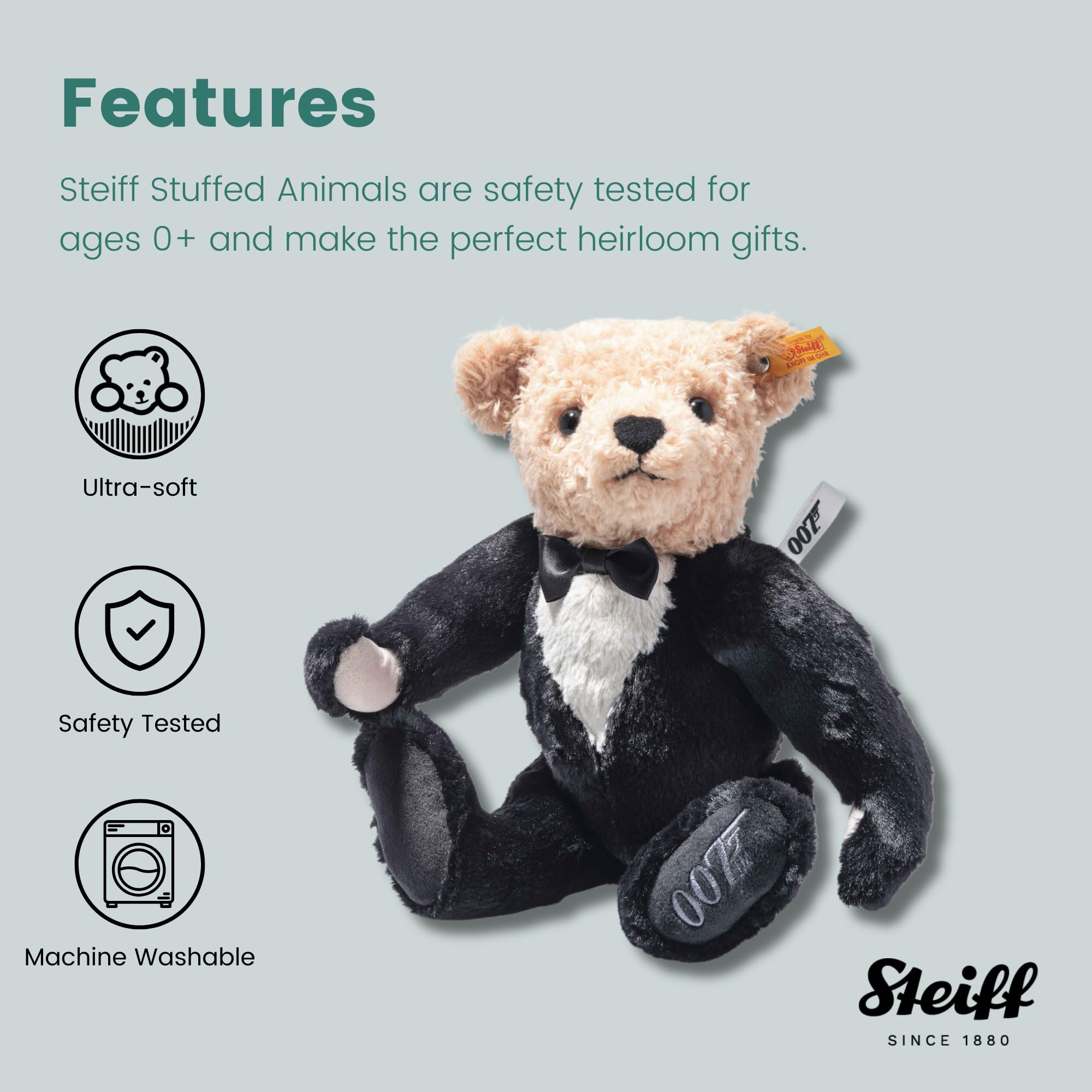 Steiff James Bond Teddy Bear, Officially Licensed Stuffed Animal Plush Collectible, Gift for James Bond Fans, 5-Way Jointed & Posable (Brown, Black, & White, 12") - Image 7