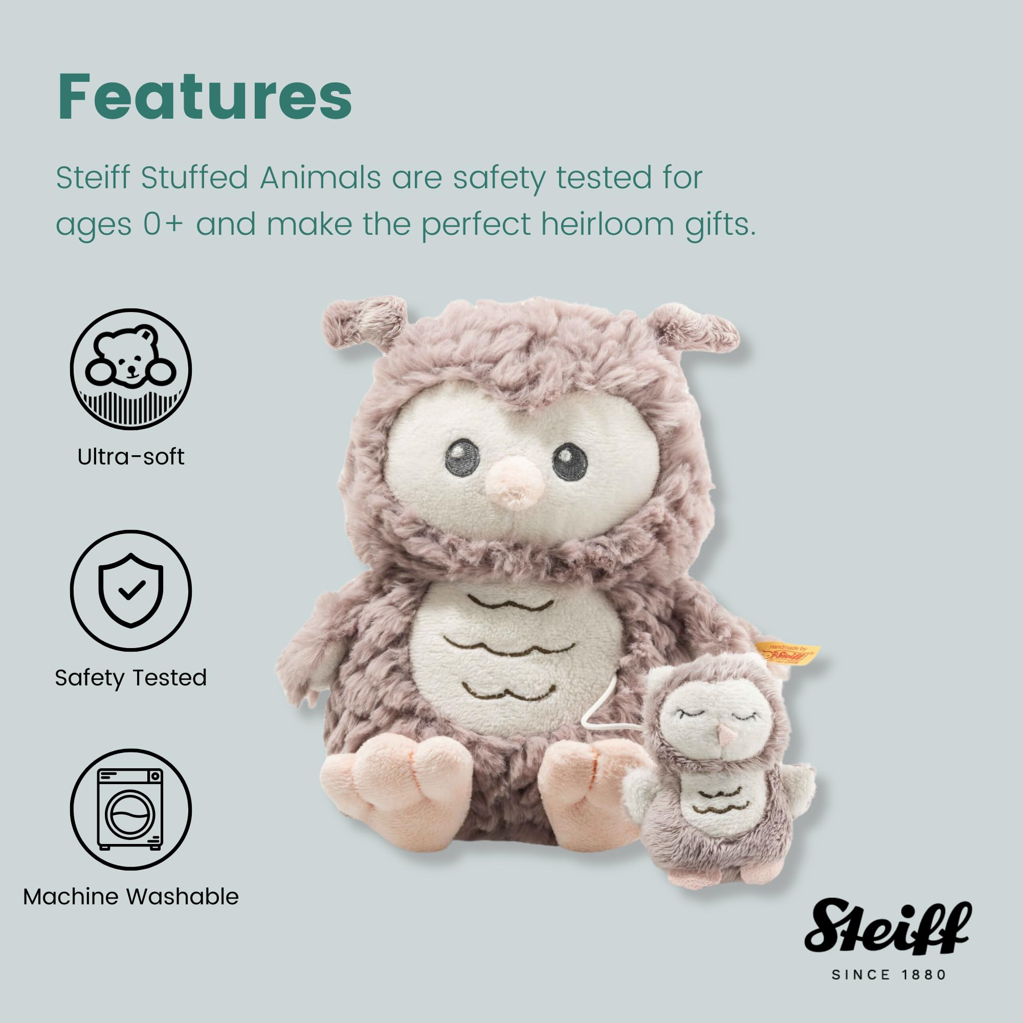 Steiff Ollie Owl, Premium Owl Musical Stuffed Animal, 0-6 or 6-12 Months, Baby Musical Toys, Baby Pull Toy for Babies, Soft Cuddly Friends (Rosé Brown, 8") - Image 3