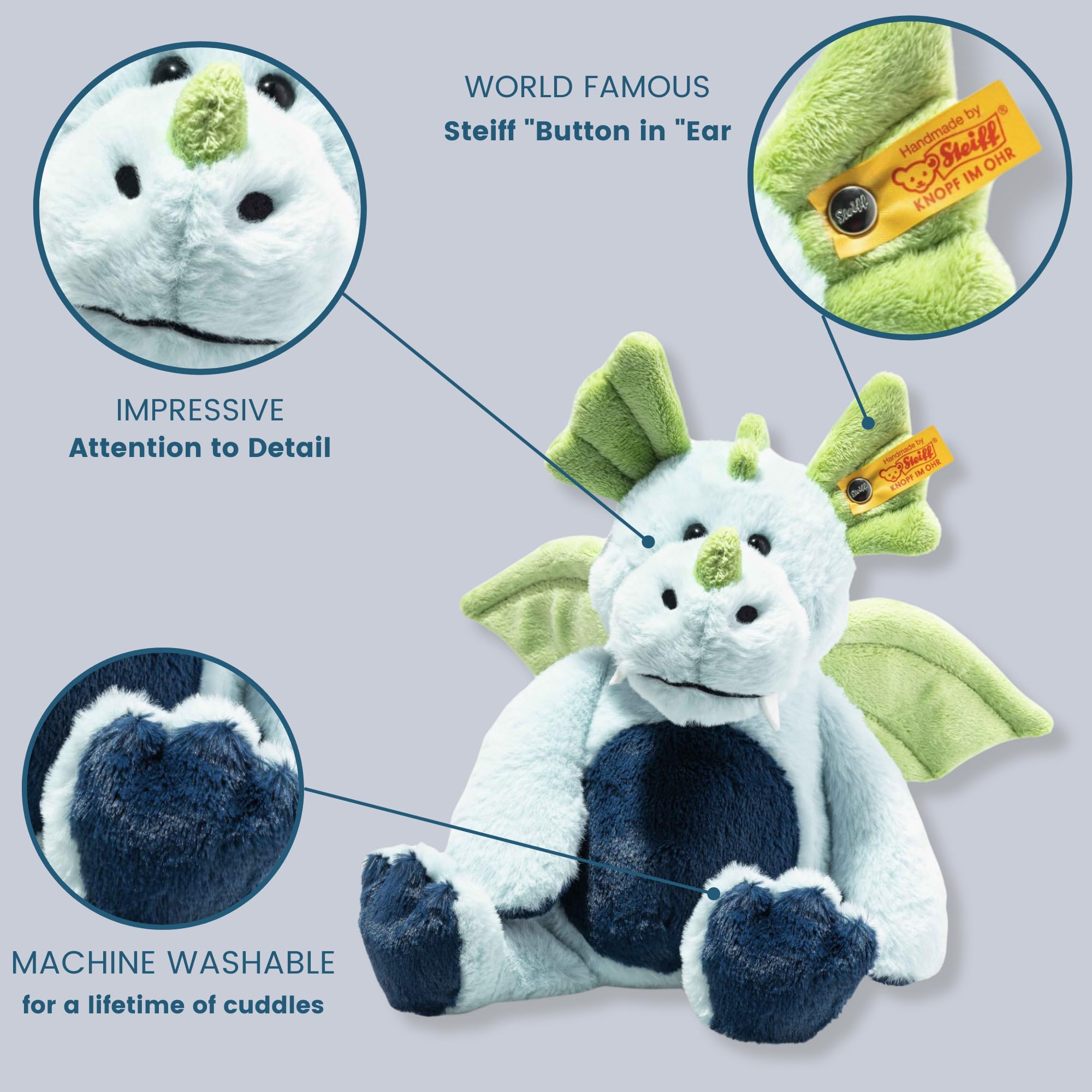Steiff Samu Dragon, Premium Dragon Stuffed Animal, Dragon Plush Toy for Kids, Friends Collection (Green/Blue, 11") - Image 5