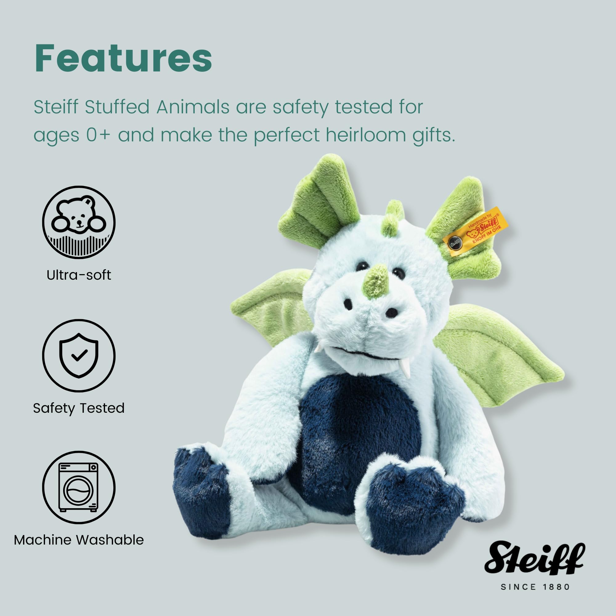 Steiff Samu Dragon, Premium Dragon Stuffed Animal, Dragon Plush Toy for Kids, Friends Collection (Green/Blue, 11") - Image 6